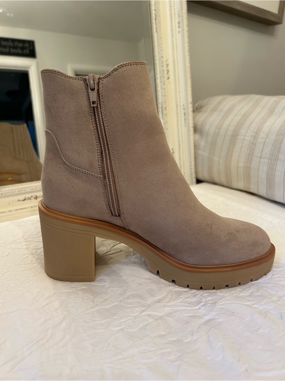Women’s Taupe Suede Block Heel Ankle Boots - Picture 2 of 3
